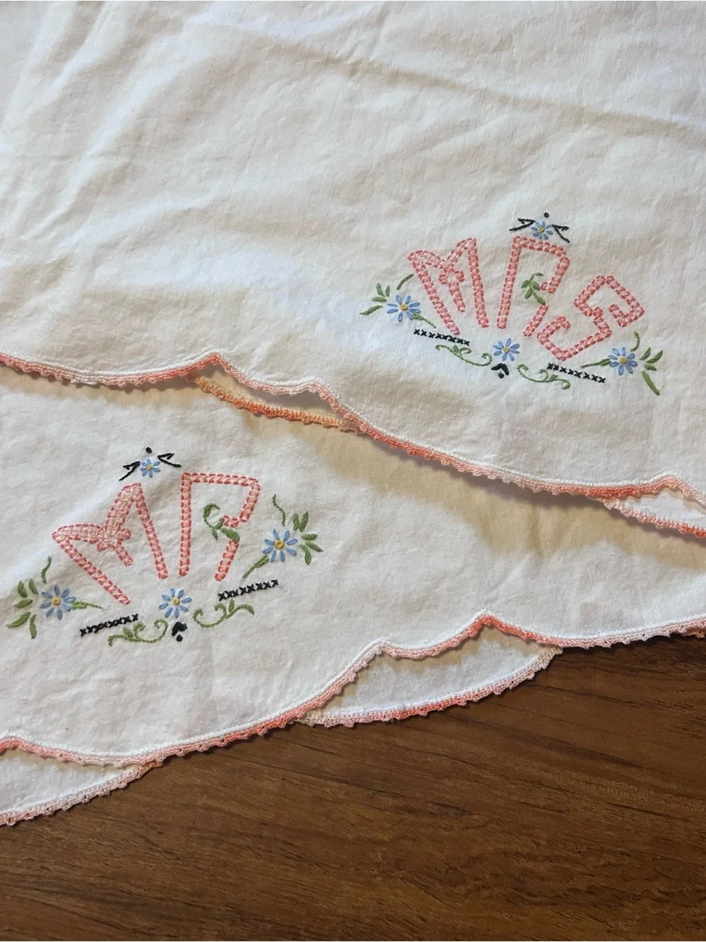 Vintage White Pillowcase Pair with Pink Embroidery and Floral Accents